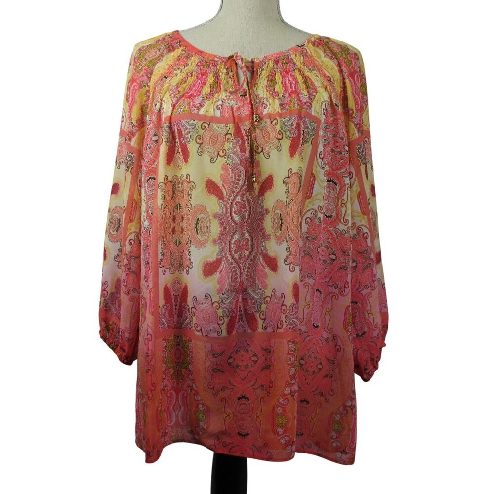 Charter Club Tunic Blouse XL Coral Yellow Sheer Long Sleeve Boho Festival Casual